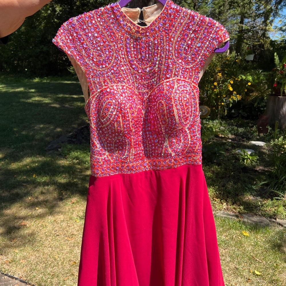 Red and purple hand beaded homecoming formal dress